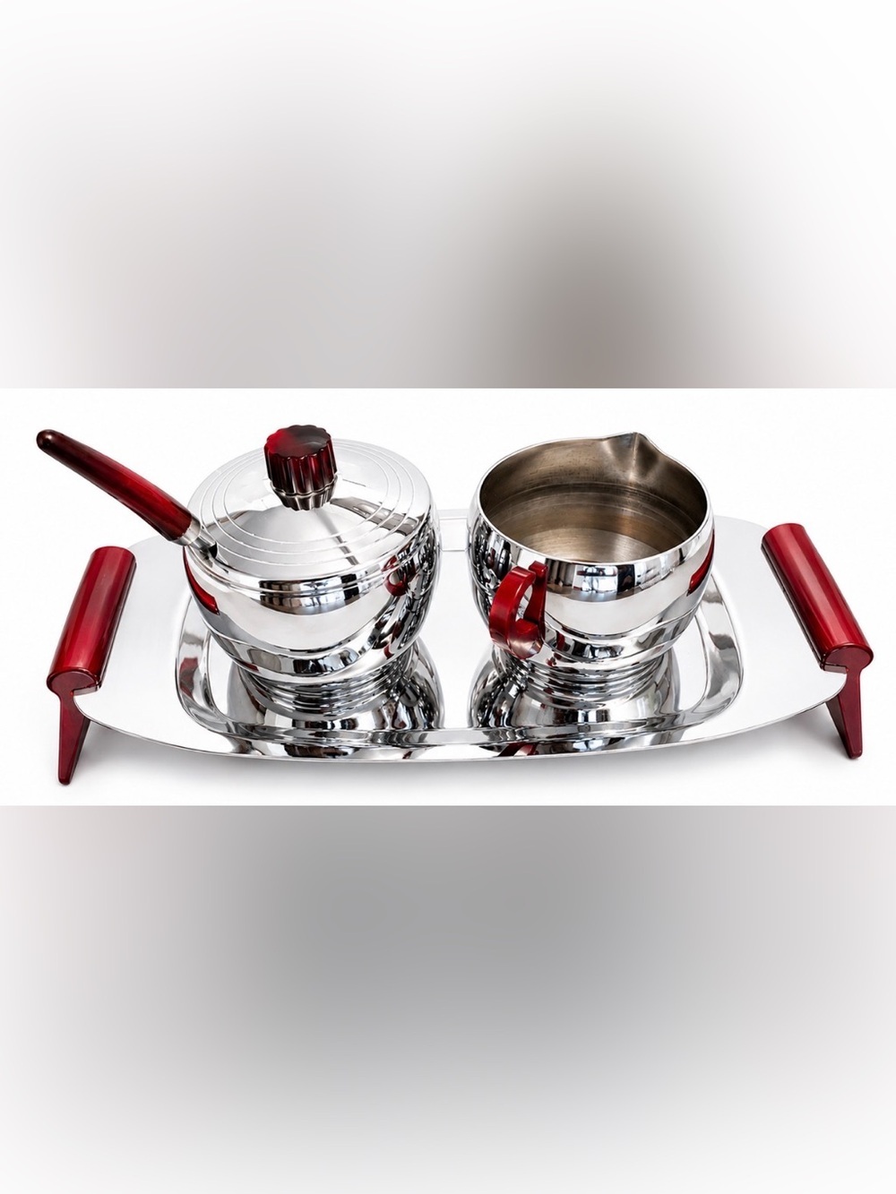 Vintage Mid-Century Chrome Cream & Sugar Set with Tray | Red Lucite Handles